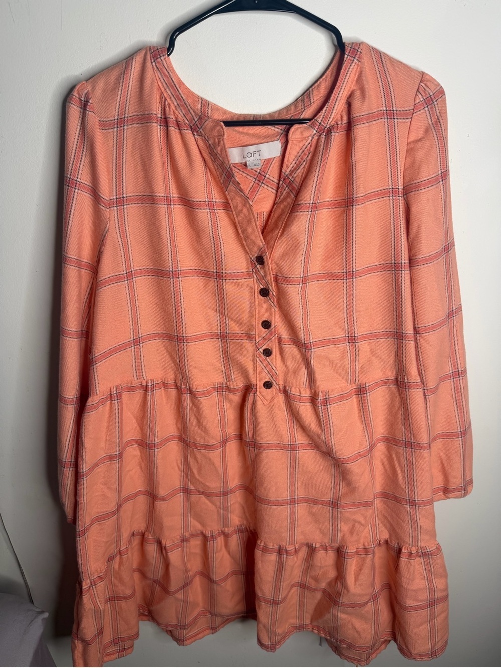 LOFT Peach Plaid Buttoned Tiered Tunic